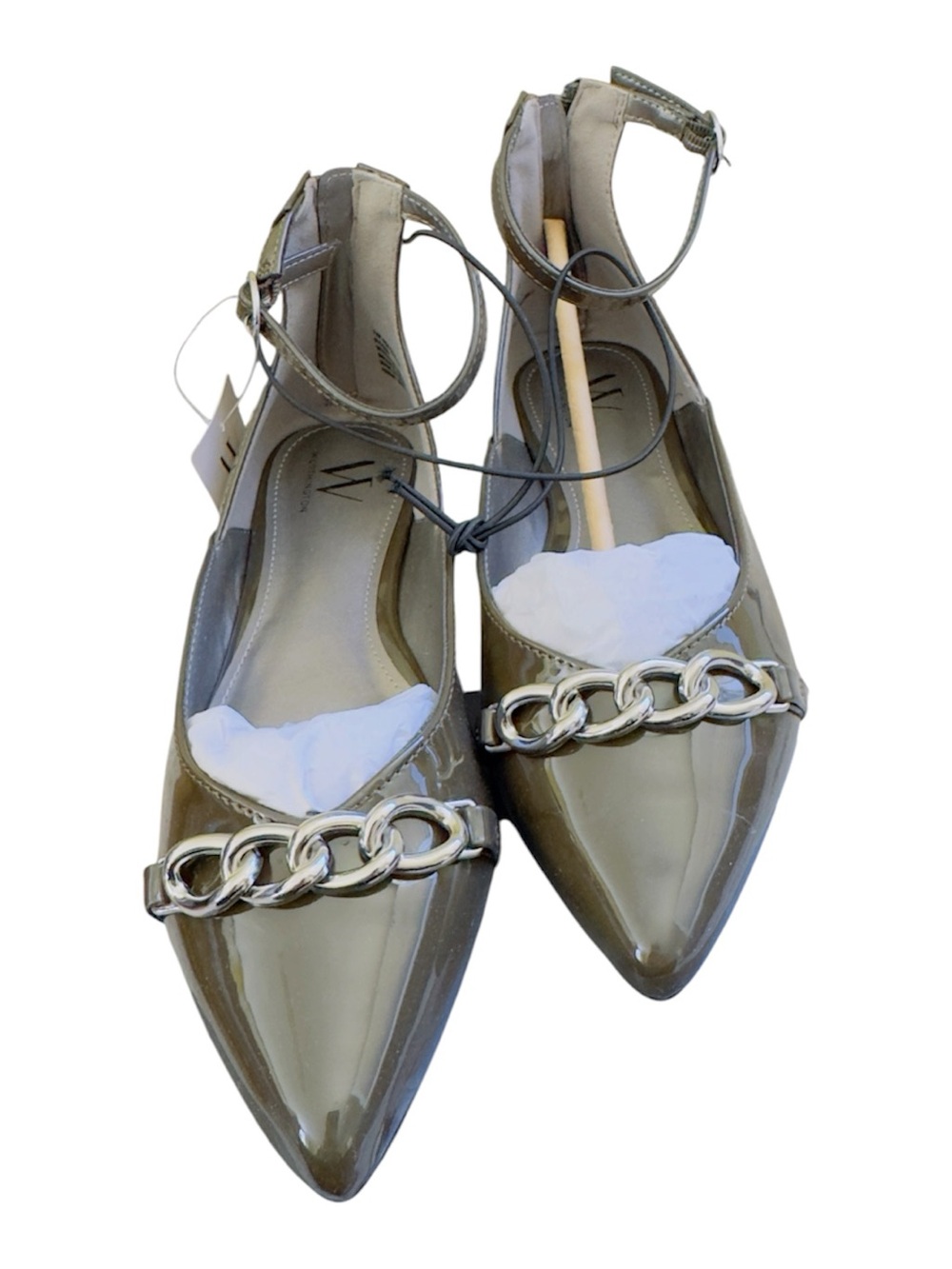 Worthington Olive Patent Pointed-Toe Slingback Flats with Chain Detail/ Size 8 - Picture 2 of 6